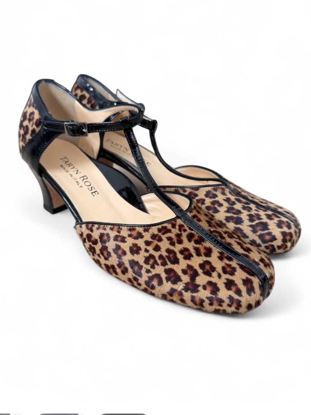 Taryn Rose Made in Italy Leopard Animal Print Calf Hair Heels T-Strap Mary Janes